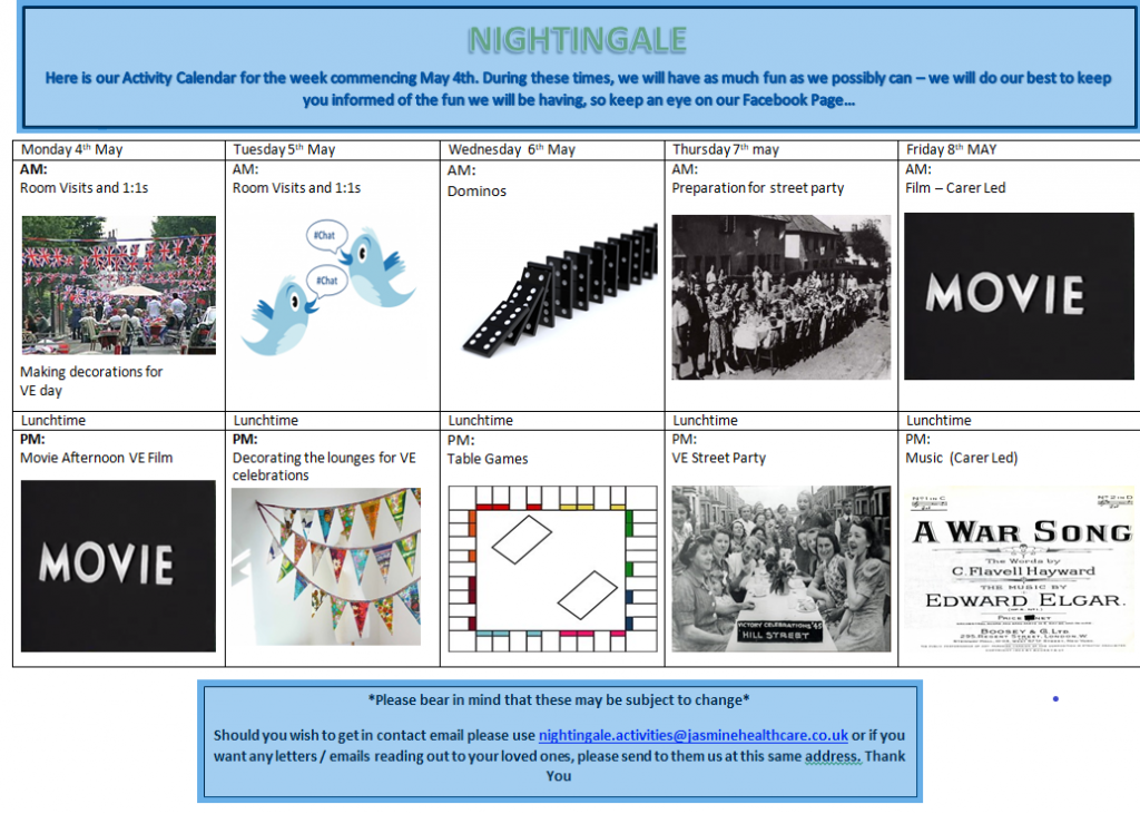 An Example of Nightingale Care Home Activities Weekly Planner